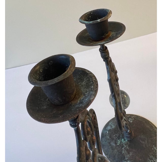 Metal Vintage Metal & Glass Taper Candle Holders - a Pair For Sale - Image 7 of 9
