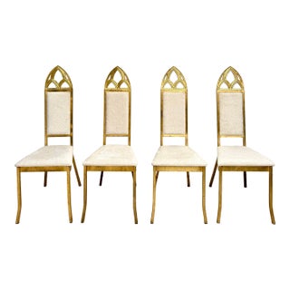 Set of 4 Hollywood Regency Gothic Revival Gilt Dining Chairs in Ivory Bouclé For Sale