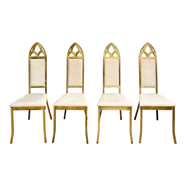 Set of 4 Hollywood Regency Gothic Revival Gilt Dining Chairs in Ivory Bouclé For Sale