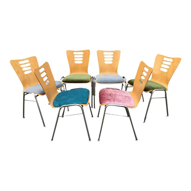 Stackable Metal and Wood Chairs, 1990s, Set of 6 For Sale