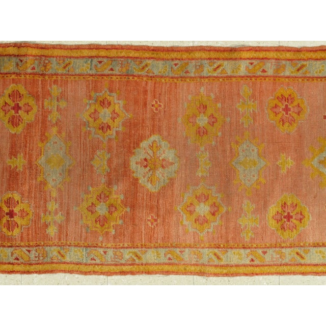 Traditional Antique Oushak Runner, Turkish Oriental Rug, Handmade Peach, Yellow, Light Blue For Sale - Image 3 of 10