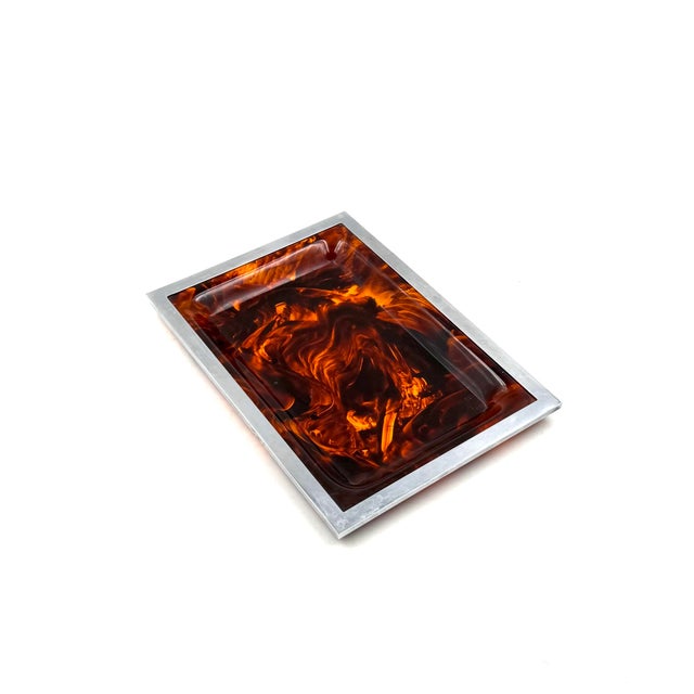 Hollywood Regency Brass and Tortoiseshell Acrylic Glass Tray, Italy, 1970s For Sale - Image 4 of 12