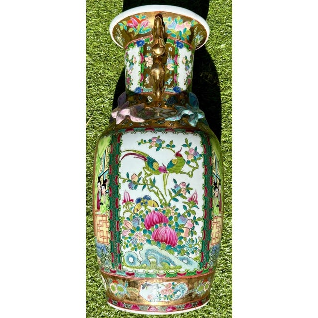 Wood Pair of Large Antique Famille Rose Medallion Chinese Vases With Rosewood Stands For Sale - Image 7 of 18