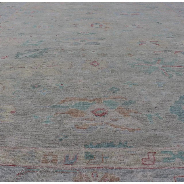 Modern Modern Oushak Floral Motif Design in Light Green Background and Colorful Design For Sale - Image 3 of 12