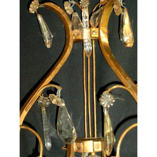 C1920 French Art Deco Bronze W/ Cut Crystal Lyre Back Wall Sconces For Sale - Image 4 of 13