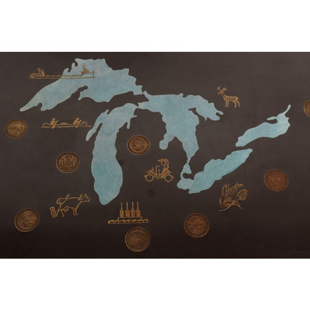Large Mid-Century Black Resin Pigment and Brass Inlaid "Great Lakes" Tray by Couroc For Sale - Image 9 of 12