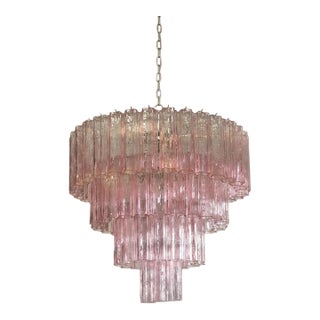 Pink Murano Glass Chandelier | 78 Hand-Blown Tubes, Four-Tier Star Design, Nickel Frame For Sale