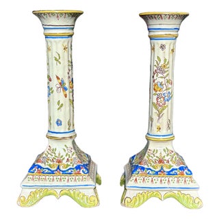 Antique French Faience Fourmaintraux Frères Candlestick Holders - Pair For Sale