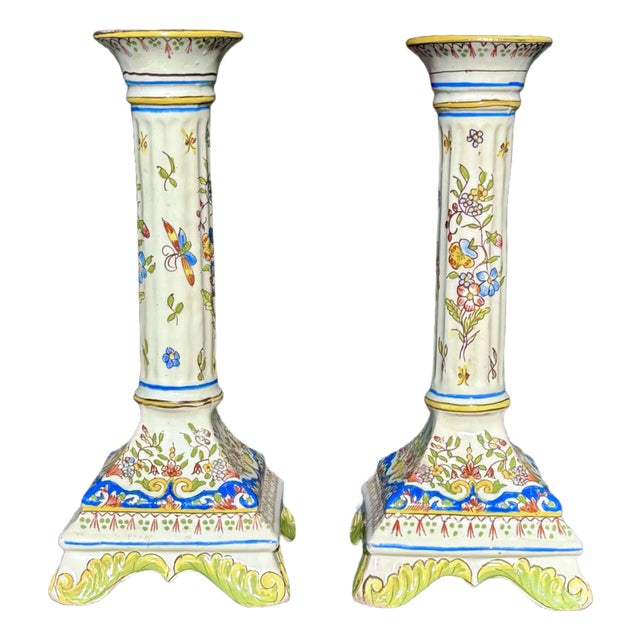 Antique French Faience Fourmaintraux Frères Candlestick Holders - Pair For Sale