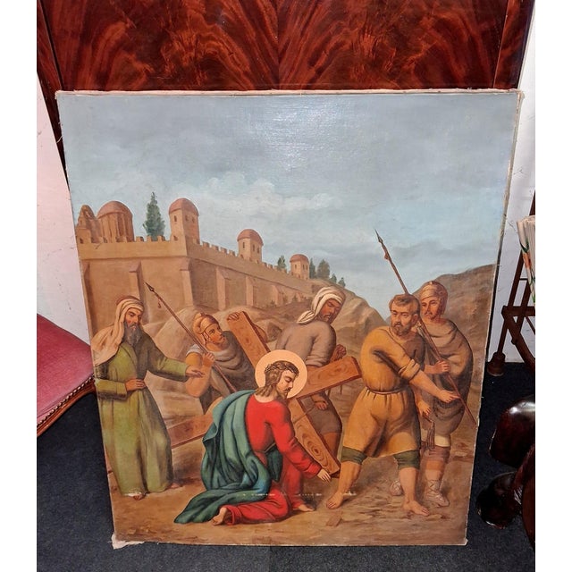 Stations of the Cross Jesus Falls Under the Cross (Third Station), 1800s, Oil Painting on Canvas For Sale - Image 3 of 6