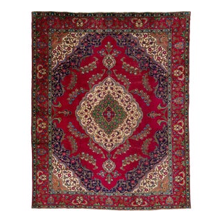 Vintage Persian Designed Tabriz Handmade Wool Rug in Red For Sale
