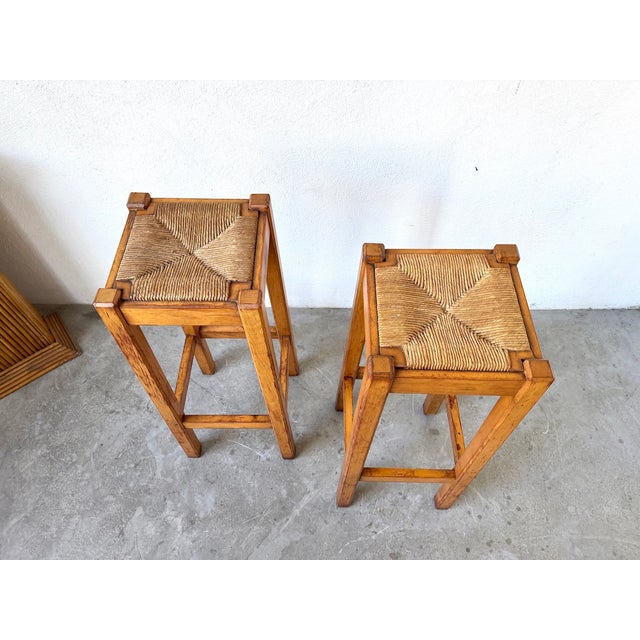 Brutalist High Stool in Wood and Woven Straw, 1960s For Sale - Image 13 of 15