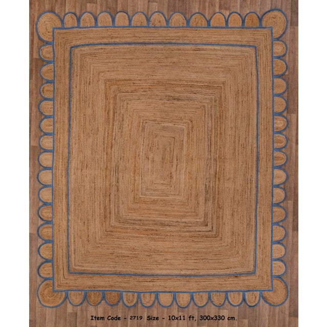 Textile French Blue Trim Jute Scallop Braided Handmade Rug - 6'x9' For Sale - Image 7 of 10