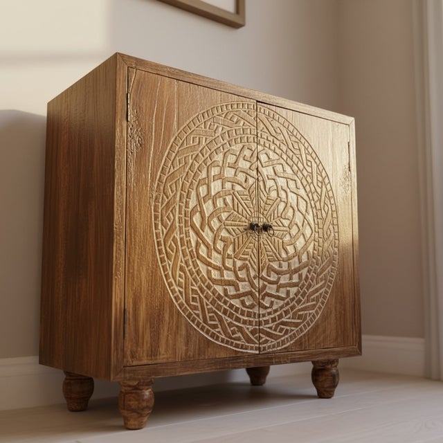 Tribal Hand-Carved Solid Teak Mandala Cabinet — Sculptural Statement Storage From Bali For Sale - Image 3 of 12