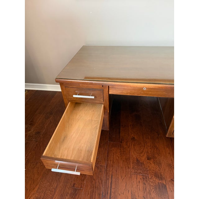 1950s 1950s Mid Century Walnut Executive Desk With Glass Top For Sale - Image 5 of 12