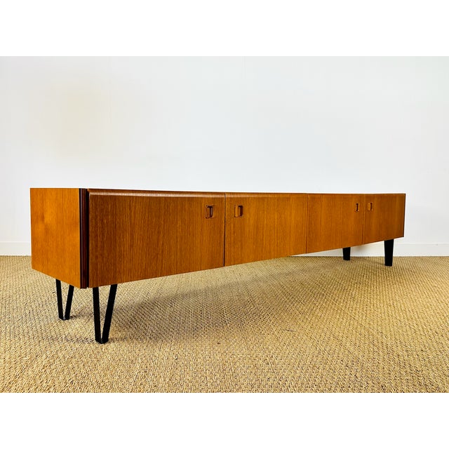 Wood Low Scandinavian Teak Sideboard with Metal Compass Legs, 1960 For Sale - Image 7 of 17