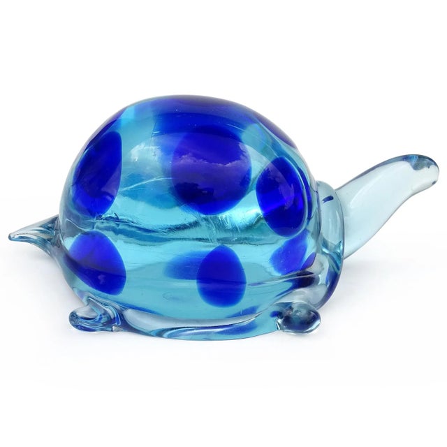 Murano Vintage Murano Salviati Glowing Light and Dark Blue Spots Italian Art Glass Abstract Turtle Figure Sculpture For Sale - Image 4 of 10