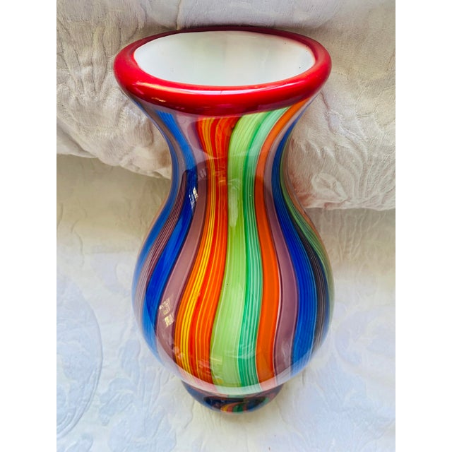 Beautiful Vintage Millefiori Striped Italian Murano attributed Heavy Glass Paperweight Vase measuring 12 1/2” tall and 6”...