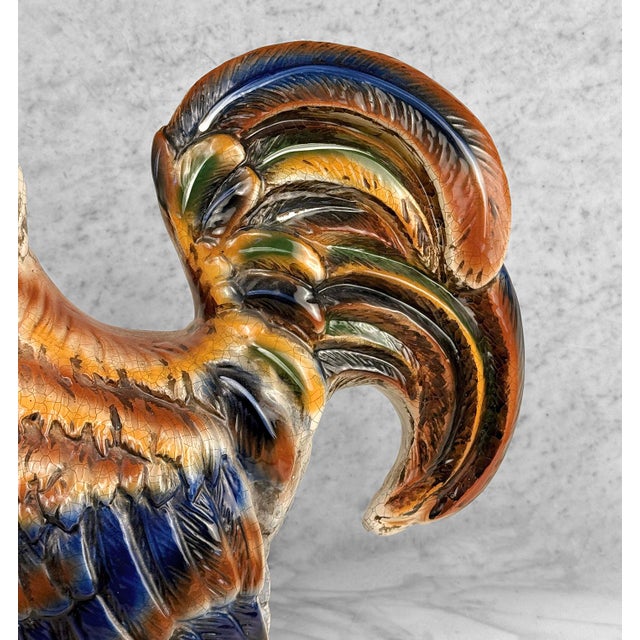 Brown Vintage Large Italian Majolica Pottery Rooster Chicken Sculpture - 17" For Sale - Image 8 of 12