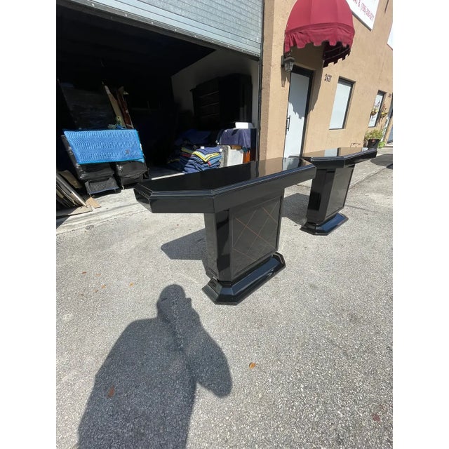 1940s Ebonized Art Deco ''Diamond Inlay'' Center Console Tables - A Pair For Sale - Image 6 of 12