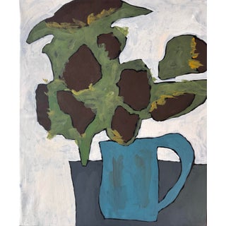 Original Abstract Still Life Acrylic Painting on Canvas, Minimalist Sunflowers in Blue Vase Wall Art, Modern Floral Fine Art For Sale