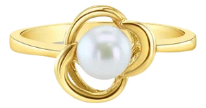 Solitaire Cultured Pearl Diamond Ring in Floral Design 14k Yellow Gold, Size 6