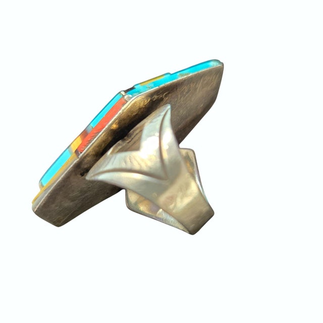 Late 20th Century Late 20th Century Richard Begay Mosaic Sterling Turquoise Spiny Oyster Coral & Onyx Coffin Ring Size 8 For Sale - Image 5 of 8