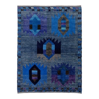Modern Abstract Baluch Style Blue Wool Area Rug – Geometric Tribal Design 6x8 For Sale
