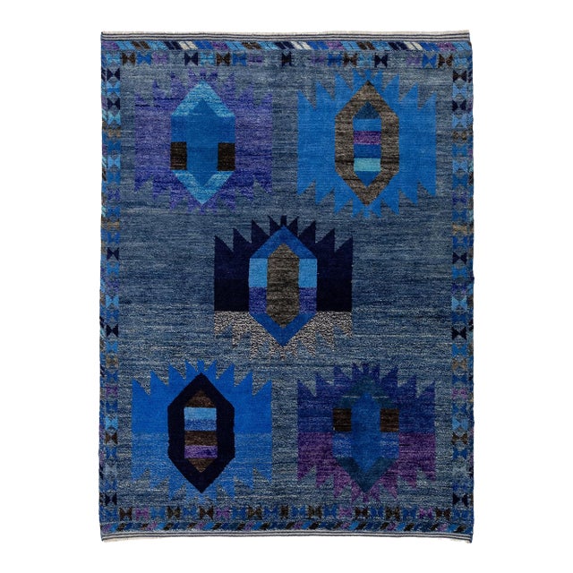 Modern Abstract Baluch Style Blue Wool Area Rug – Geometric Tribal Design 6x8 For Sale