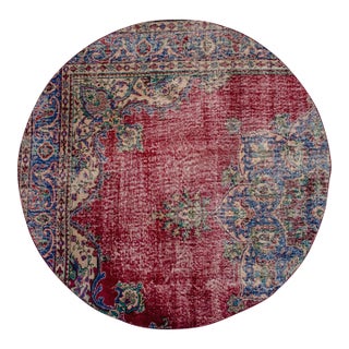 Vintage Hand Knotted Round Turkish Rug Upcycled Wool Circle Area Rug 5'2" X 5'2" For Sale