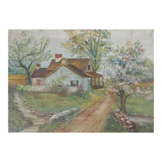 Vintage Rustic Pastoral Cottage Painting For Sale