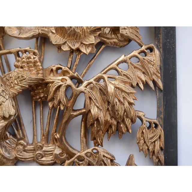 1960s Vintage Chinese Gilded Hand-Carved Wood Relief Panel of Birds and Flowers For Sale - Image 5 of 12