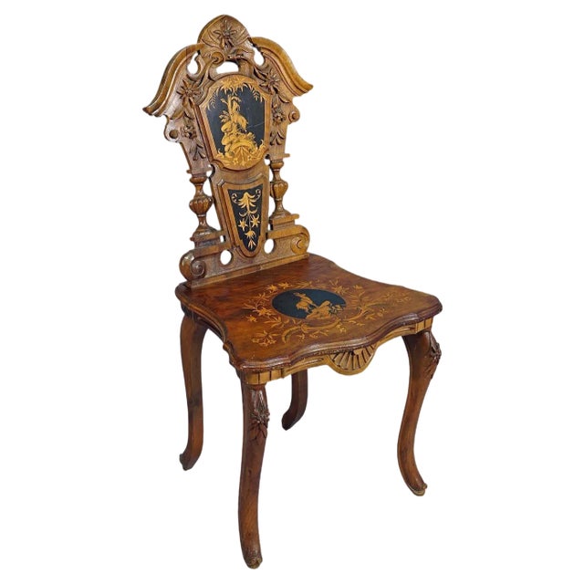 Nutwood Edelweis Marquetry Chair, Brienz, Swiss, 1900s For Sale