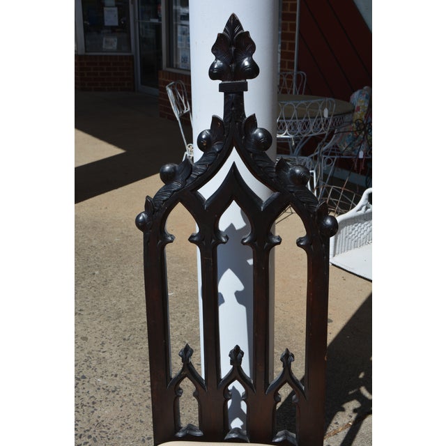 Vintage Pair Gothic Revival Carved Cathedral Arches Dark Wood Hall / Side Chairs W/ Cushions For Sale - Image 11 of 18