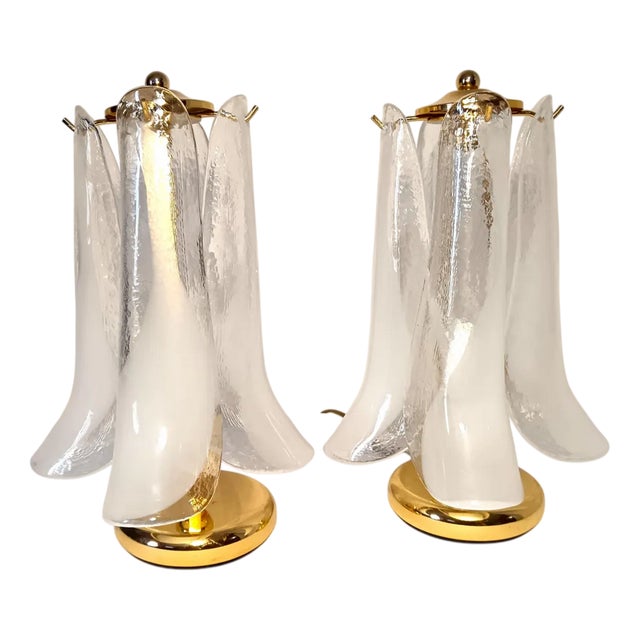 Mid-Century Modern Hollywood Regency Murano Glass and Gilded Brass Table Lamps, 1980s, Set of 2 For Sale