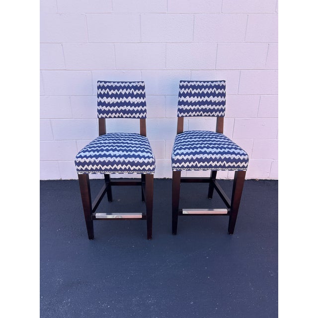 Transitional Blue & White Geometric Upholstered Counter Height Chairs With Nailhead Trim, Set of 4 For Sale - Image 3 of 7