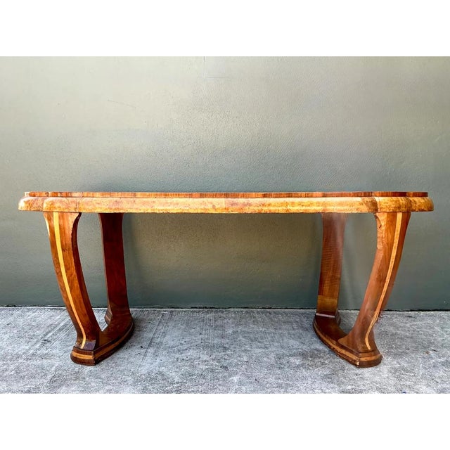 Camel Vintage Art Deco Scalloped Edge Burl Wood Center Hall Table For Sale - Image 8 of 14