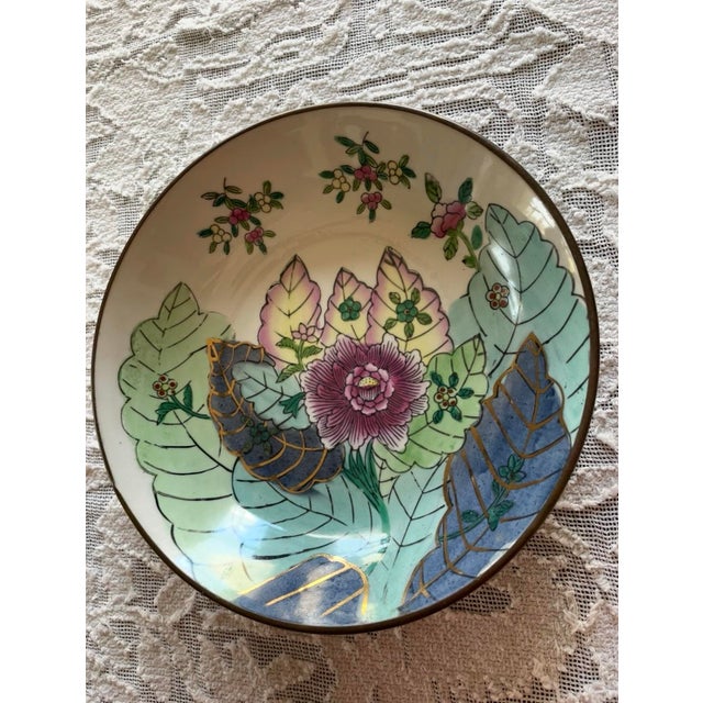 Gold Vintage Hand-Painted Porcelain Floral Chinese Tobacco Leaf Brass Encased Low Bowl For Sale - Image 8 of 8