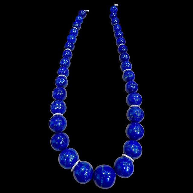 Traditional Certified Vintage Lapis Lazuli Single Strand Diamond Necklace 14 Kt White Gold For Sale - Image 3 of 18