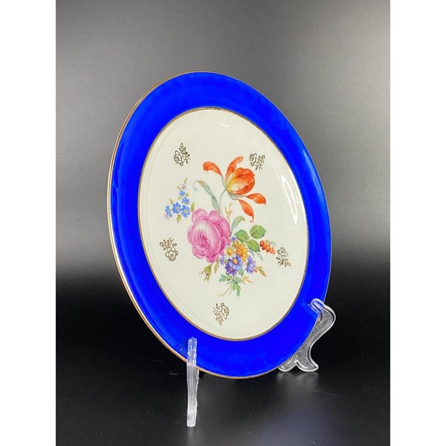 Mid-Century Porcelain Collection Plate with Blue Rim and Flowers from Limoges, France For Sale - Image 5 of 9