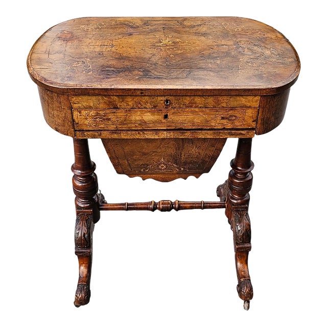 19th Century Victorian Marquetry Burl Walnut Sewing Table For Sale