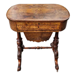 19th Century Victorian Marquetry Burl Walnut Sewing Table