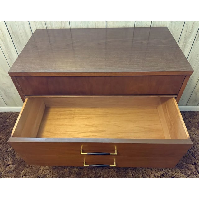 Vintage Mid-Century Modern Walnut 3-Drawer Lowboy Dresser With Brass-Capped Legs and Stylish Black-Gold Handles For Sale - Image 15 of 16