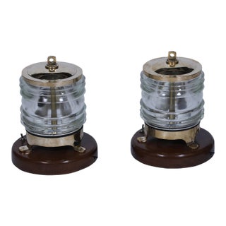 Pair of 1970s Nautical Ship's Brass Post Lights With Fresnel Lens For Sale
