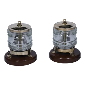 Pair of 1970s Nautical Ship's Brass Post Lights With Fresnel Lens
