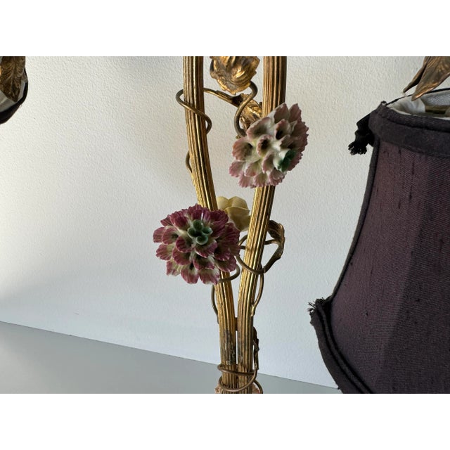 1960s Italian Hollywood Regency Gilt Tole and Porcelain Flowers Desk Lamp/ Sold For Sale - Image 10 of 12