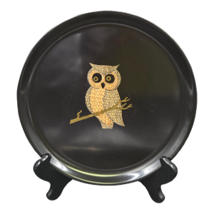 Mid-Century Couroc of Monterey California Hand-Inlaid Owl Round Black Serving Tray