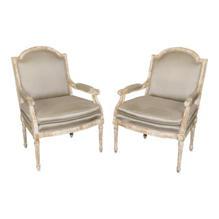 Pair of Chippy Decorator Distressed Finished French Louis XVI Armchairs For Sale
