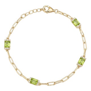 Natural Peridot Princess-Cut Paperclip Chain Bracelet in 18k Gold Plated For Sale