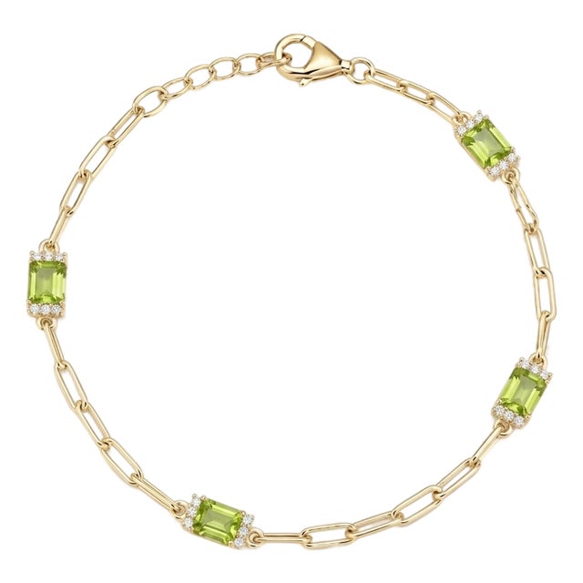 Natural Peridot Princess-Cut Paperclip Chain Bracelet in 18k Gold Plated For Sale